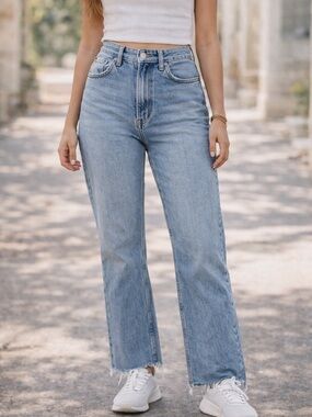 Madewell Curvy Baggy Straight Jeans 26 High Rise Distressed Raw Hem Denim